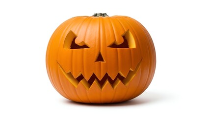 Fototapeta premium A carved orange fruit with a jagged face, stem up, set against a stark white background