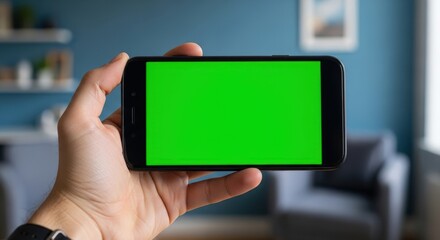 Hand holding a horizontal smartphone with a bright green screen, ideal for custom content creation and editing