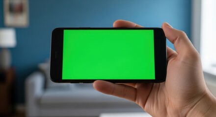Hand holding smartphone with a bright green screen for background replacement or digital design