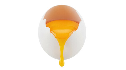 Cracked egg with dripping yolk isolated PNG on transparent background, breakfast ingredient for cooking and baking use