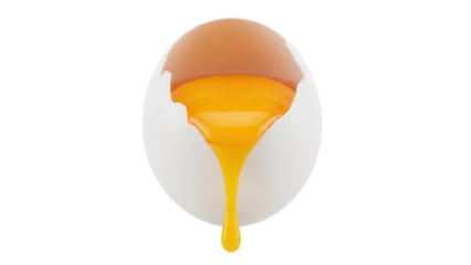 Cracked egg with dripping yolk isolated PNG on transparent background, breakfast ingredient for cooking and baking use