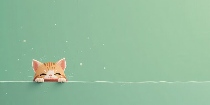 Cute cartoon orange cat peeking over a simple green background with minimalist design, adorable feline illustration for creative projects and cute digital graphics

