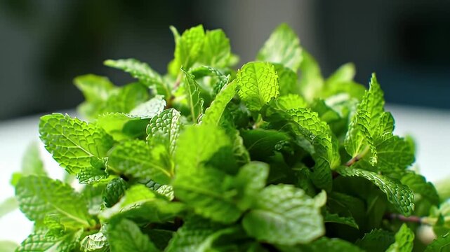 Fresh Mint Leaves A Close-Up View of Green, Healthy Herbs for Cooking and Drinks