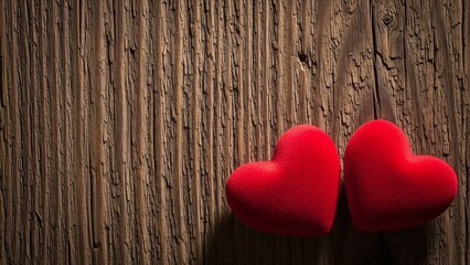 Two plush red hearts resting on a rustic wooden surface symbolizing love and affection
