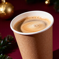 Warm festive coffee cup surrounded by golden holiday bokeh