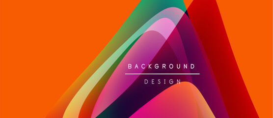 Abstract vibrant design features flowing shapes, bold colors. Orange dominates, with purple, green, red accents. Text reads background design.