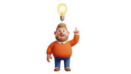 Cartoon man with light bulb isolated PNG, 3D character having an idea on transparent background, creative thinking and problem solving concept
