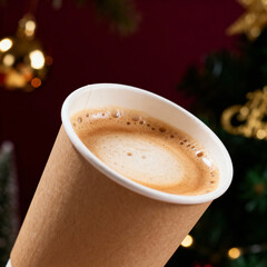 Closeup latte swirl in paper cup with Christmas lights