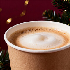 Foamy latte in kraft cup on red holiday backdrop