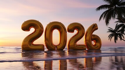 Golden foil balloon numbers spelling out the year 2026 floating on the ocean water at sunset with palm tree silhouettes on the right side