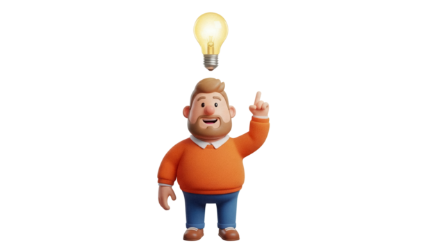 Cartoon man with light bulb isolated PNG, 3D character having an idea on transparent background, creative thinking and problem solving concept