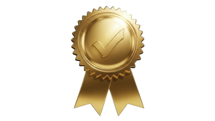 Golden check mark badge PNG isolated on transparent background, approval symbol for quality assurance and verification