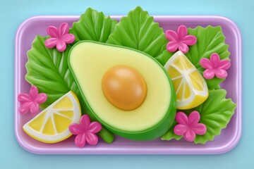 3D illustration of a cartoon avocado and lemon, vibrant pastel colors, representing superfoods and a healthy diet against a blue background