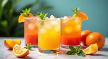 Fototapeta premium Glasses of orange juice with orange slices and mint