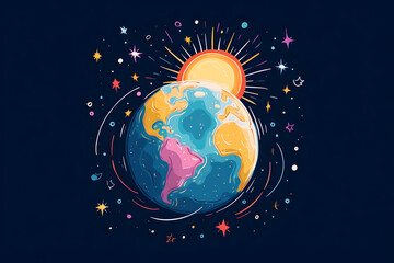Naklejka premium Playful cosmic art featuring earth with bold outlines and vibrant celestial elements
