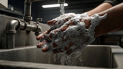 Close-up of hands lathered with soap under running water in a sink.