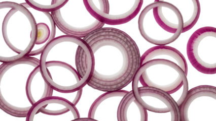 Sliced red onion rings PNG isolated on transparent background, fresh vegetable ingredient for cooking and healthy eating
