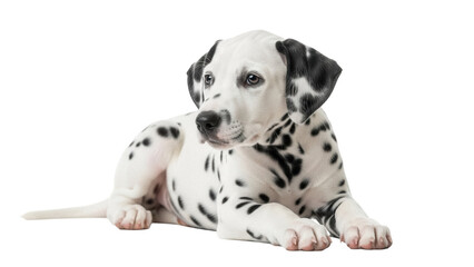 Adorable Dalmatian puppy lying down PNG isolated on transparent background, cute spotted dog with black and white fur for pet-themed designs © Hughes