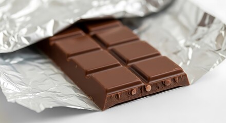 A delicious milk chocolate bar, partially unwrapped from its shiny silver foil packaging, isolated on a clean white background
