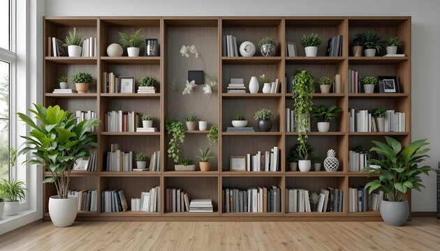Modern bookshelf with lush plants creating serene virtual office background for studio and wall prints