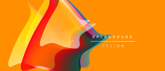 Abstract vibrant design features flowing shapes, warm colors, dynamic composition. Orange background enhances visual impact.