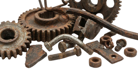 Pile of rusty metal gears, bolts, and screws isolated on white background