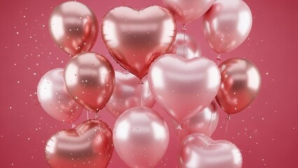 A romantic cascade of rose gold heart shaped balloons floating upwards against a soft pink background
