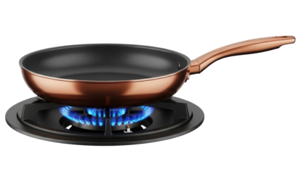 Copper frying pan on gas stove with blue flame isolated PNG, cookware for cooking and frying on transparent background