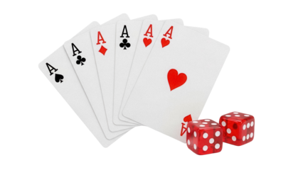 Royal flush of aces PNG isolated on transparent background, winning poker hand with red dice for casino games and gambling