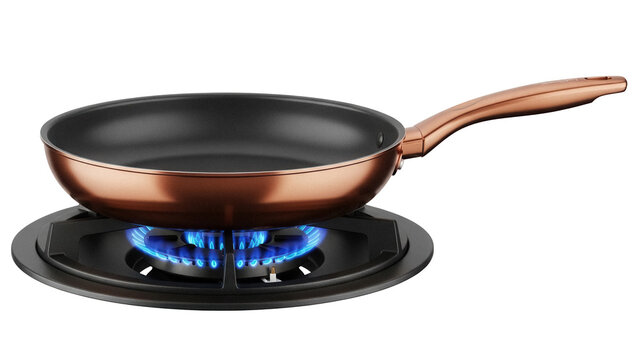 Copper frying pan on gas stove with blue flame isolated PNG, cookware for cooking and frying on transparent background