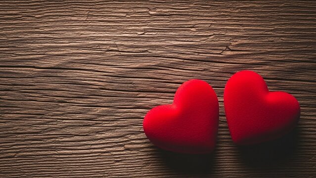 Two plush red hearts resting on a rustic wooden surface with a warm inviting glow