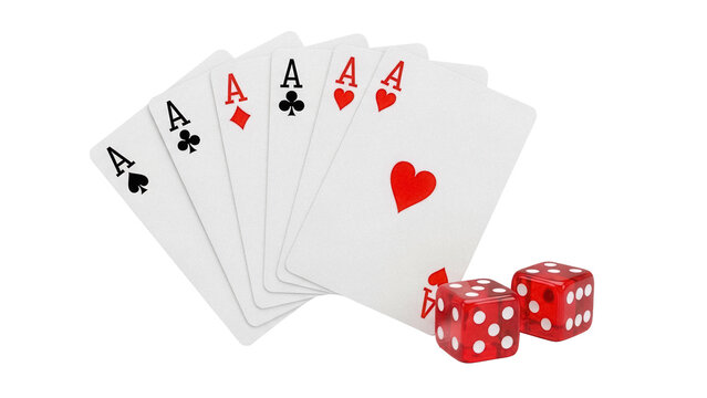 Royal flush of aces PNG isolated on transparent background, winning poker hand with red dice for casino games and gambling