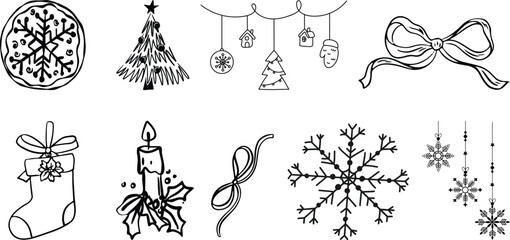Obraz premium Winter whimsical christmas tree doodle sketch vector illustration. Holiday line art simple party decoration for new year. Minimalist snowflake outline set.Set of hand-drawn Christmas tree doodles 