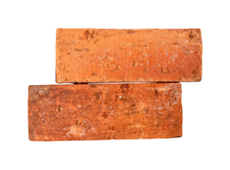 Side view of two cracked old red or orange bricks in stack isolated with clipping path in png file format
