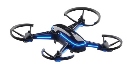 Sleek black drone PNG isolated on transparent background, modern quadcopter with blue LED lights for aerial photography and videography