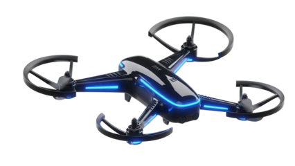 Sleek black drone PNG isolated on transparent background, modern quadcopter with blue LED lights for aerial photography and videography