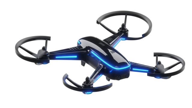 Sleek black drone PNG isolated on transparent background, modern quadcopter with blue LED lights for aerial photography and videography