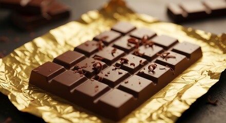 A rich dark chocolate bar with shavings on top, resting on crinkled gold foil, with more chocolate in the background
