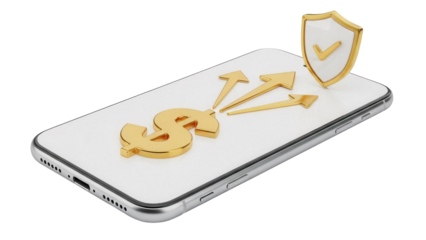 Smartphone with golden dollar sign and shield isolated PNG, secure online payment and money transfer on mobile phone, no background