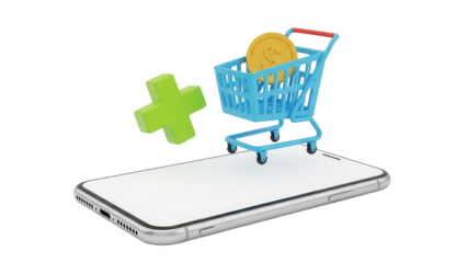 Online shopping on smartphone PNG isolated, blue shopping cart with coin and green plus sign on transparent background, e-commerce concept