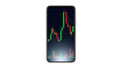 Smartphone displaying stock market chart isolated PNG, financial analysis app on mobile device with candlestick graph on transparent background