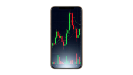 Smartphone displaying stock market chart isolated PNG, financial analysis app on mobile device with candlestick graph on transparent background