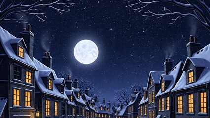 A charming, snowcovered village street scene at night illuminated by a bright full moon and twinkling stars above the rooftops