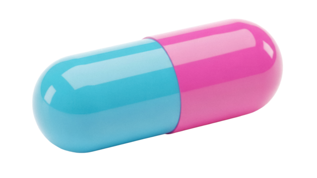 Pink and blue capsule pill isolated PNG, medicine drug for healthcare and pharmaceutical industry on transparent background