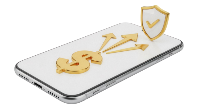 Smartphone with golden dollar sign and shield isolated PNG, secure online payment and money transfer on mobile phone, no background