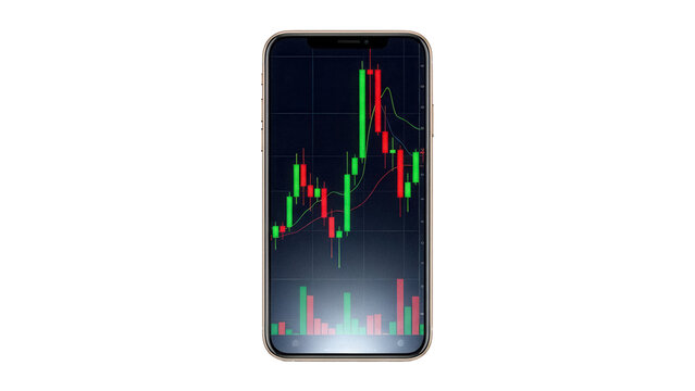 Smartphone displaying stock market chart isolated PNG, financial analysis app on mobile device with candlestick graph on transparent background