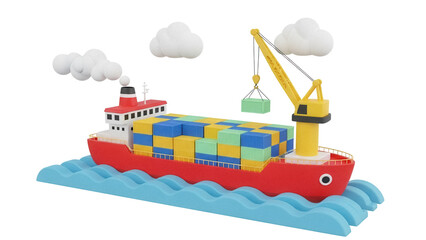 Obraz premium Cargo ship with containers and crane isolated PNG, colorful toy boat on blue waves for kids and transportation themes