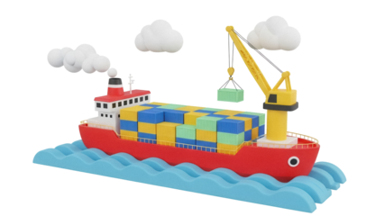 Cargo ship with containers and crane isolated PNG, colorful toy boat on blue waves for kids and transportation themes