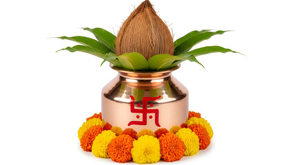 Copper kalash pot with coconut, mango leaves, marigold flowers and red Swastik for Indian puja and