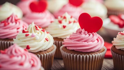 Sweet valentine s day cupcakes adorned with pink and white frosting and red heart toppers